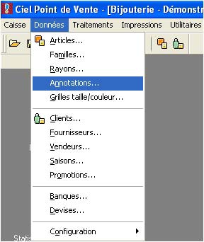 menu  Données dans ciel point de vente