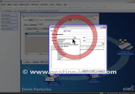 slection d'un contact sur une facture avec Ciel Devis Factures 2009