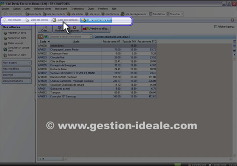 Passer d'une fentre  une autre grce aux onglets, avec Ciel Devis Factures 2009