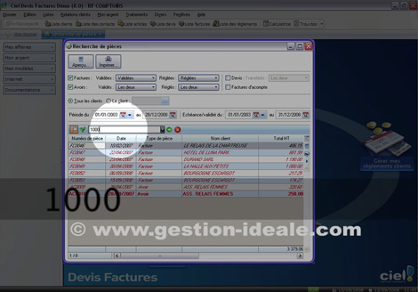 Recherche de documents commerciaux avec Ciel Devis Factures 2009