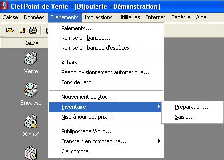Ciel point de vente: le menu avec l'inventaire