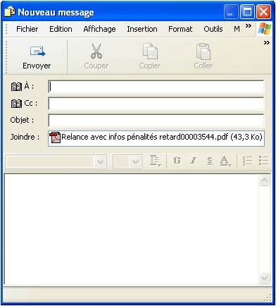 fenêtre d'envoi par email d'une lettre de relance dans ciel gestion commerciale 2006